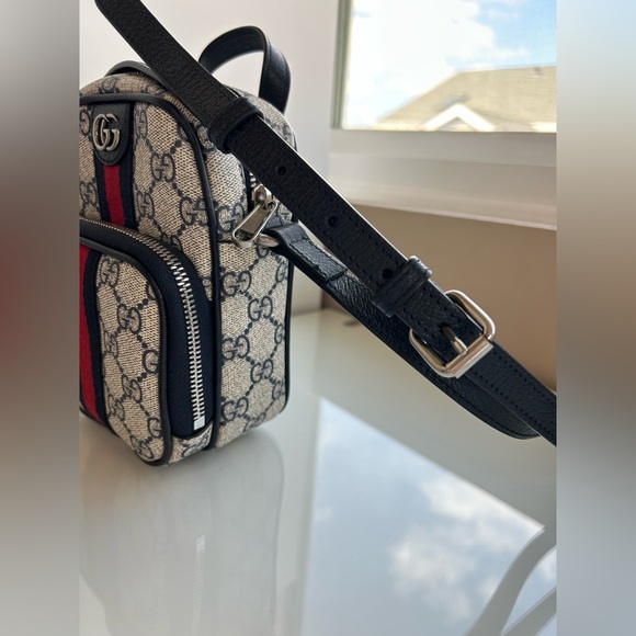 SOLD!Gucci GG Supreme Logo Monogram Navy Leather Trim Ophidia Mini Crossbody Bag - Picture 12 of 13
